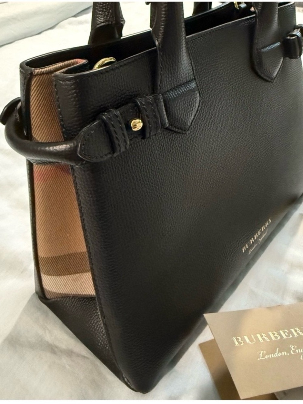 100% AUTHENTIC Burberry Derby Calfskin House Check Banner Tote Small, Like new! - Picture 3 of 15